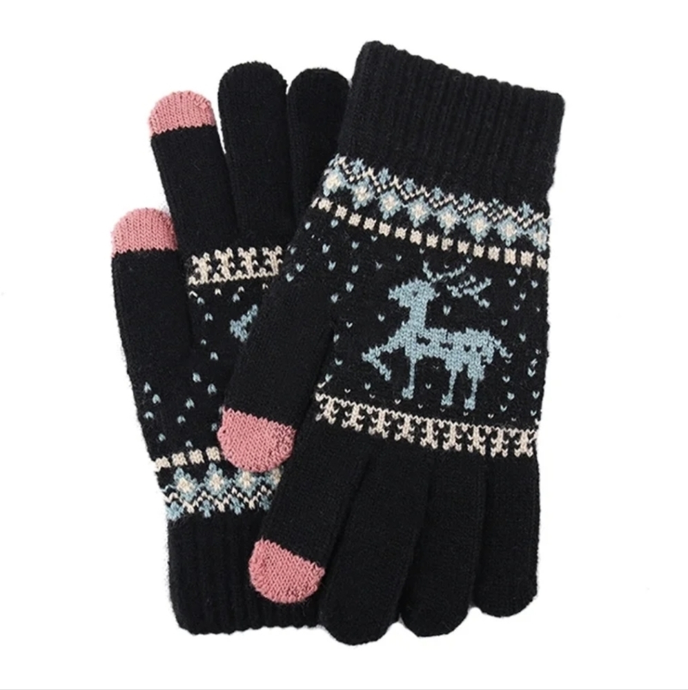 Black & Pink Reindeer Touchscreen Gloves